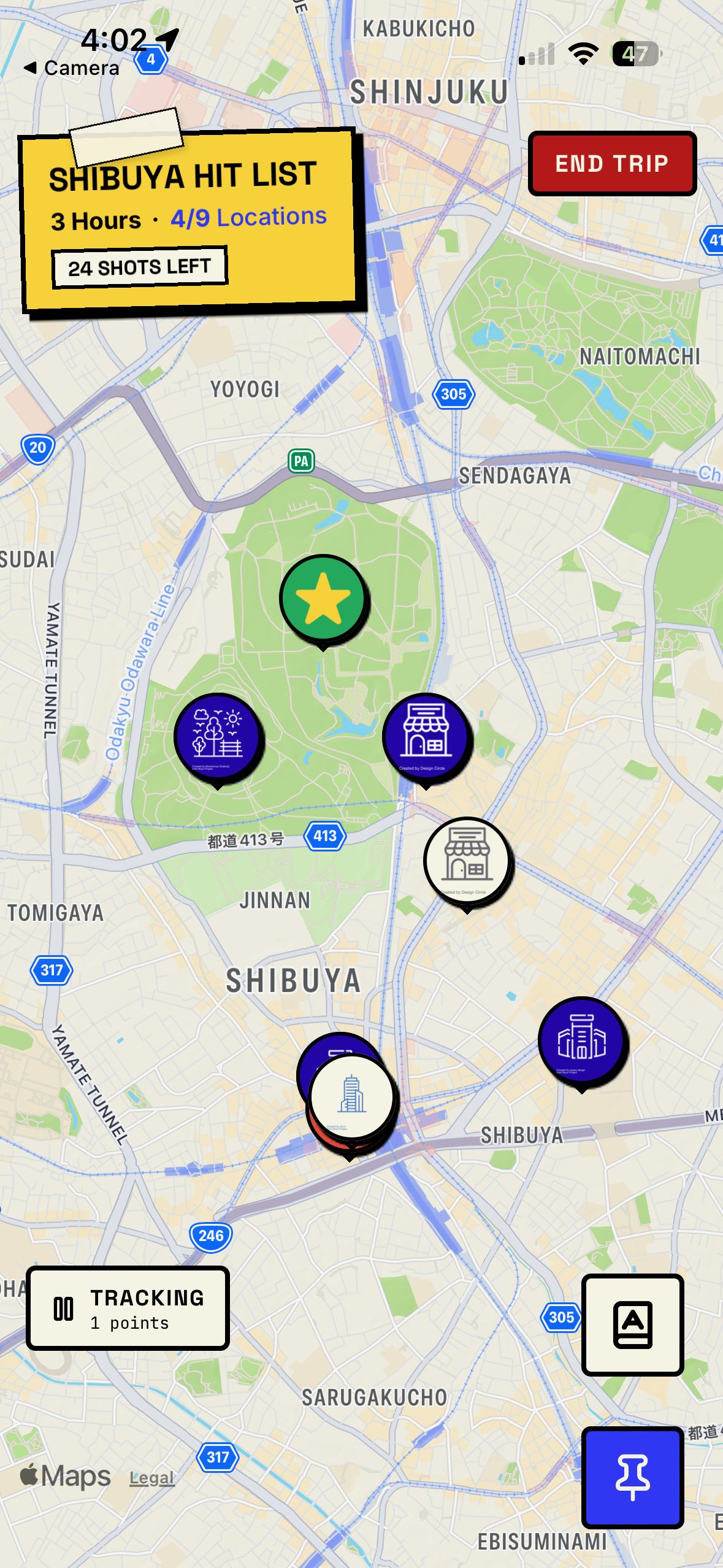 OfflineClub app showing Shibuya hit list map with location pins